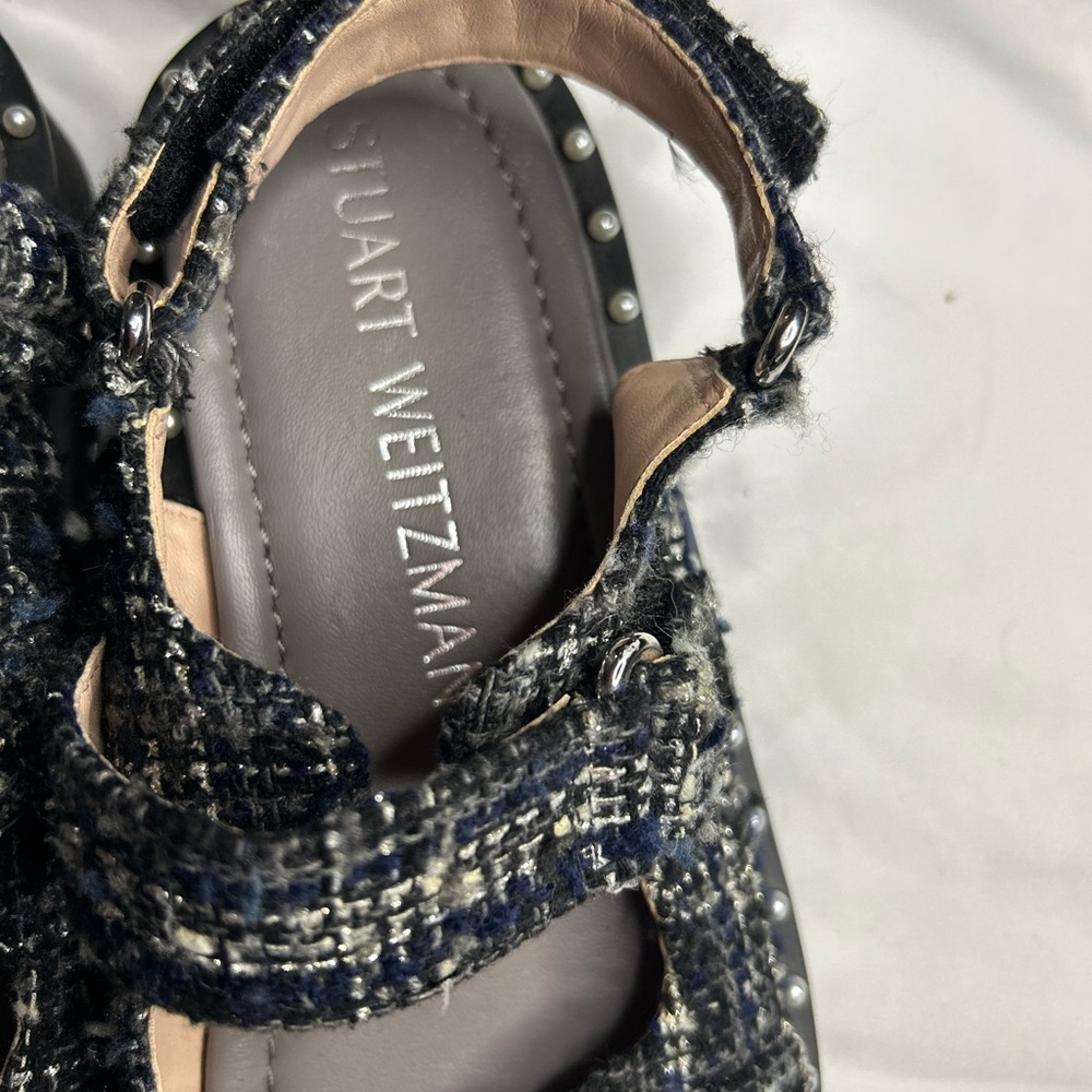 Stuart Weitzman Tweed Flats in Black and Navy with Pearl Accents
